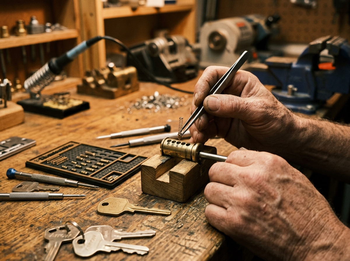 Locksmith pinning lock cylinder pins on workbench with tweezers
